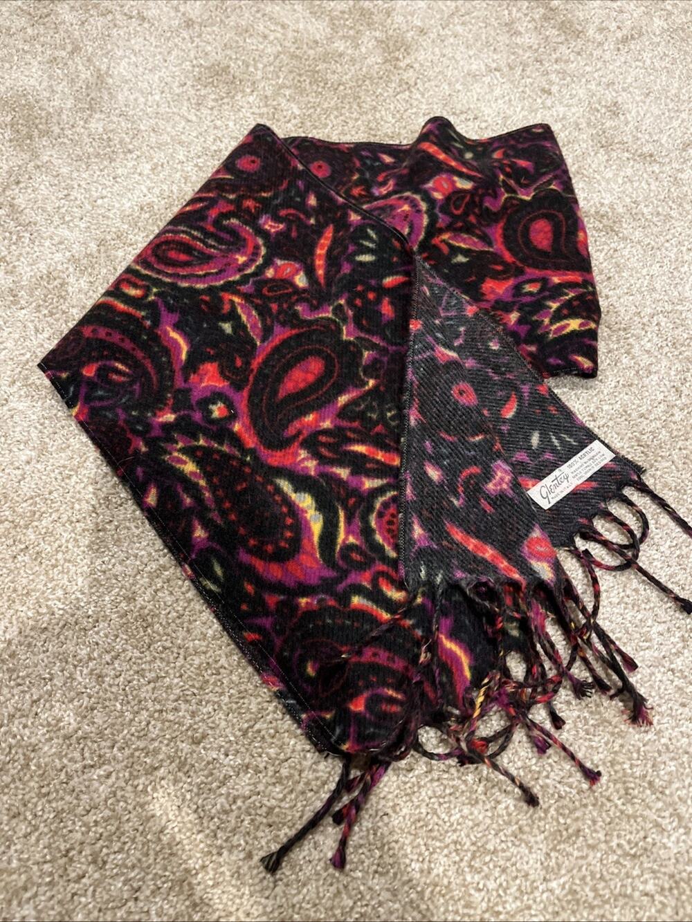 Vintage Glentex Scarf Made in Italy Red Purple Black Paisley Fringe 52x9